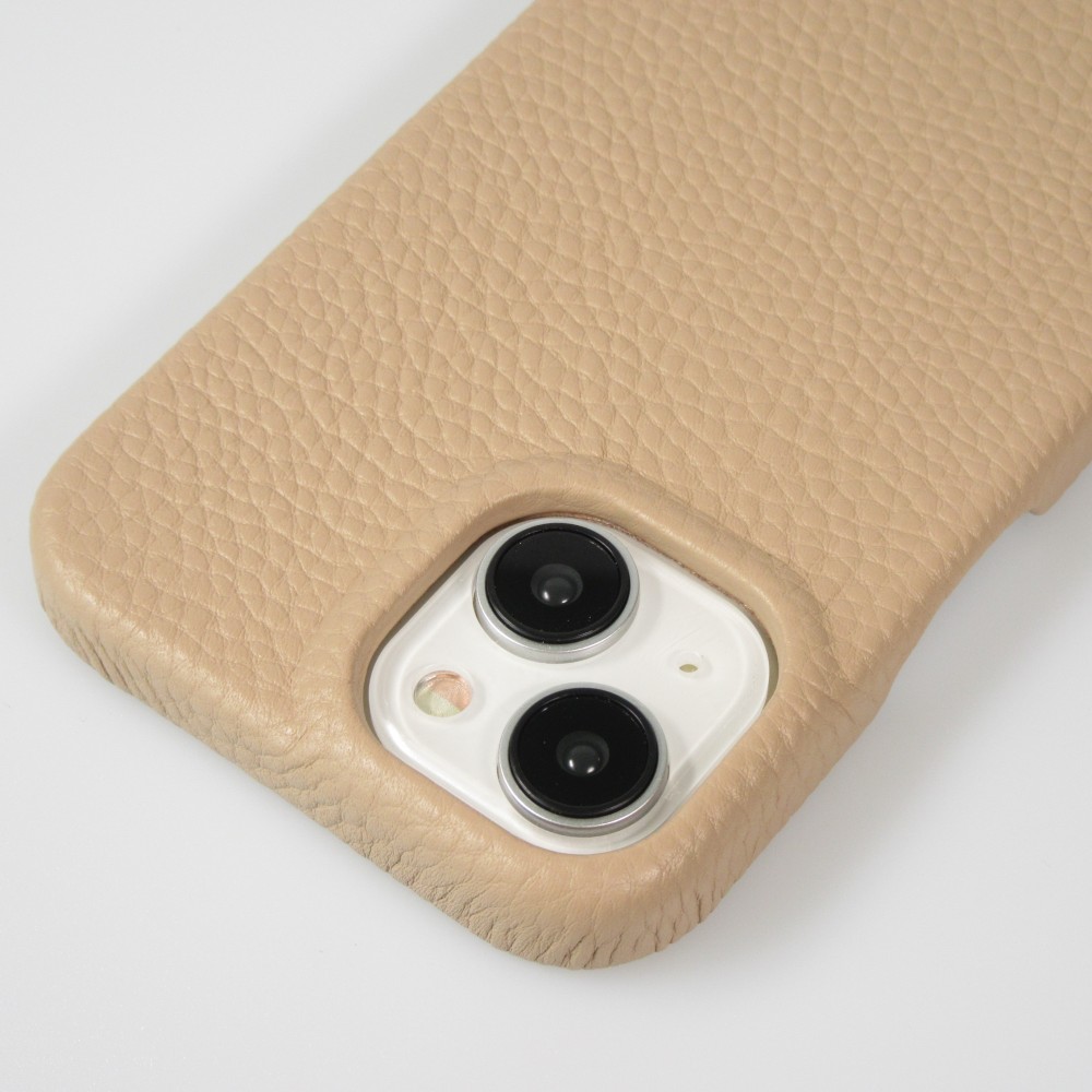 iPhone 14 Case Hülle - Premium Luxus Echtleder mit verstell- und abnehmbarem Lederriemen + MagSafe - Beige