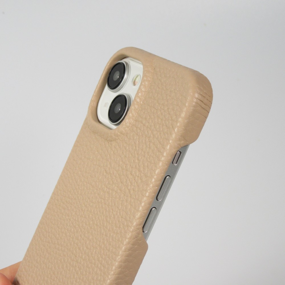 iPhone 14 Case Hülle - Premium Luxus Echtleder mit verstell- und abnehmbarem Lederriemen + MagSafe - Beige