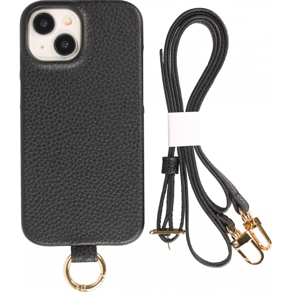 iPhone 14 Case Hülle - Premium Luxus Echtleder mit verstell- und abnehmbarem Lederriemen + MagSafe - Schwarz