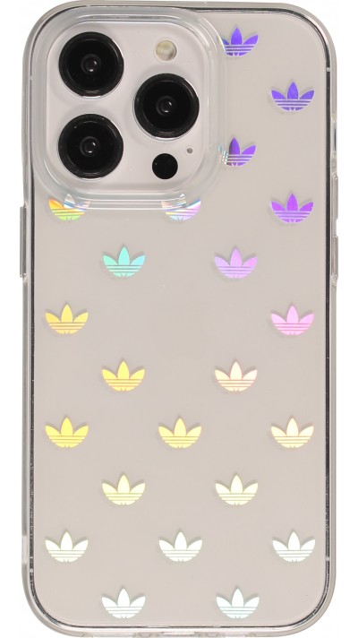 Coque iPhone 14 Pro - Adidas silicone rigide transparent avec répétition du logo effet irisé - Transparent