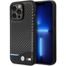 Coque iPhone 14 Pro Max - BMW M effet carbone et cuir avec logo métallique en relief - Noir