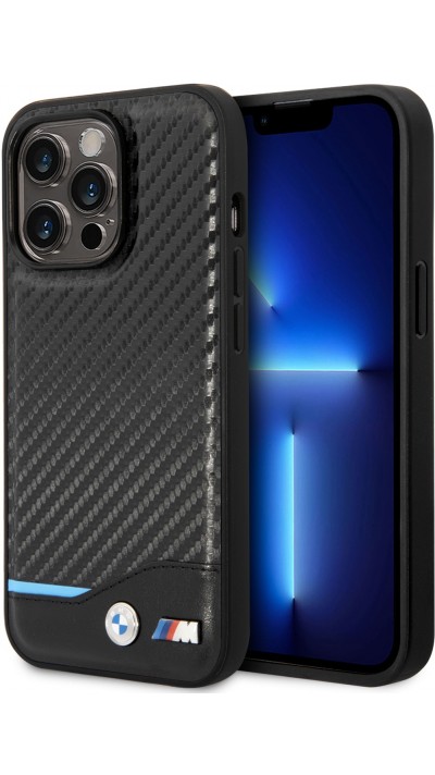 iPhone 14 Pro Case Hülle - BMW M Karbon-Effekt und Leder mit geprägtem Metall-Logo - Schwarz