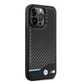 Coque iPhone 14 Pro - BMW M effet carbone et cuir avec logo métallique en relief - Noir