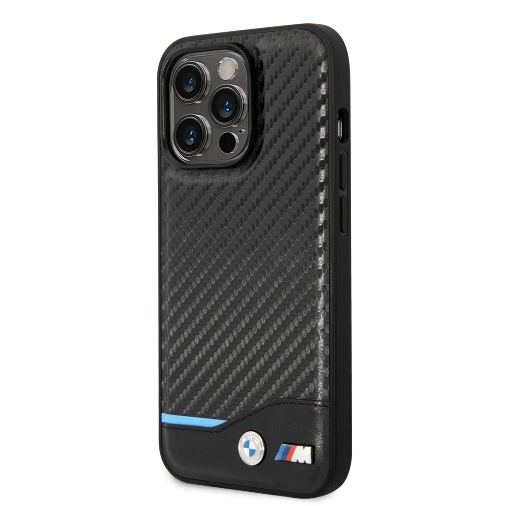 Coque iPhone 14 Pro - BMW M effet carbone et cuir avec logo métallique en relief - Noir