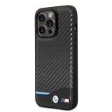 Coque iPhone 14 Pro Max - BMW M effet carbone et cuir avec logo métallique en relief - Noir