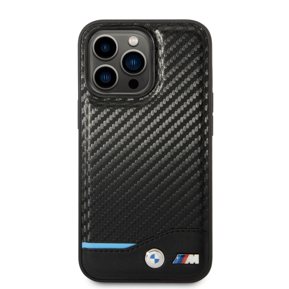 Coque iPhone 14 Pro - BMW M effet carbone et cuir avec logo métallique en relief - Noir