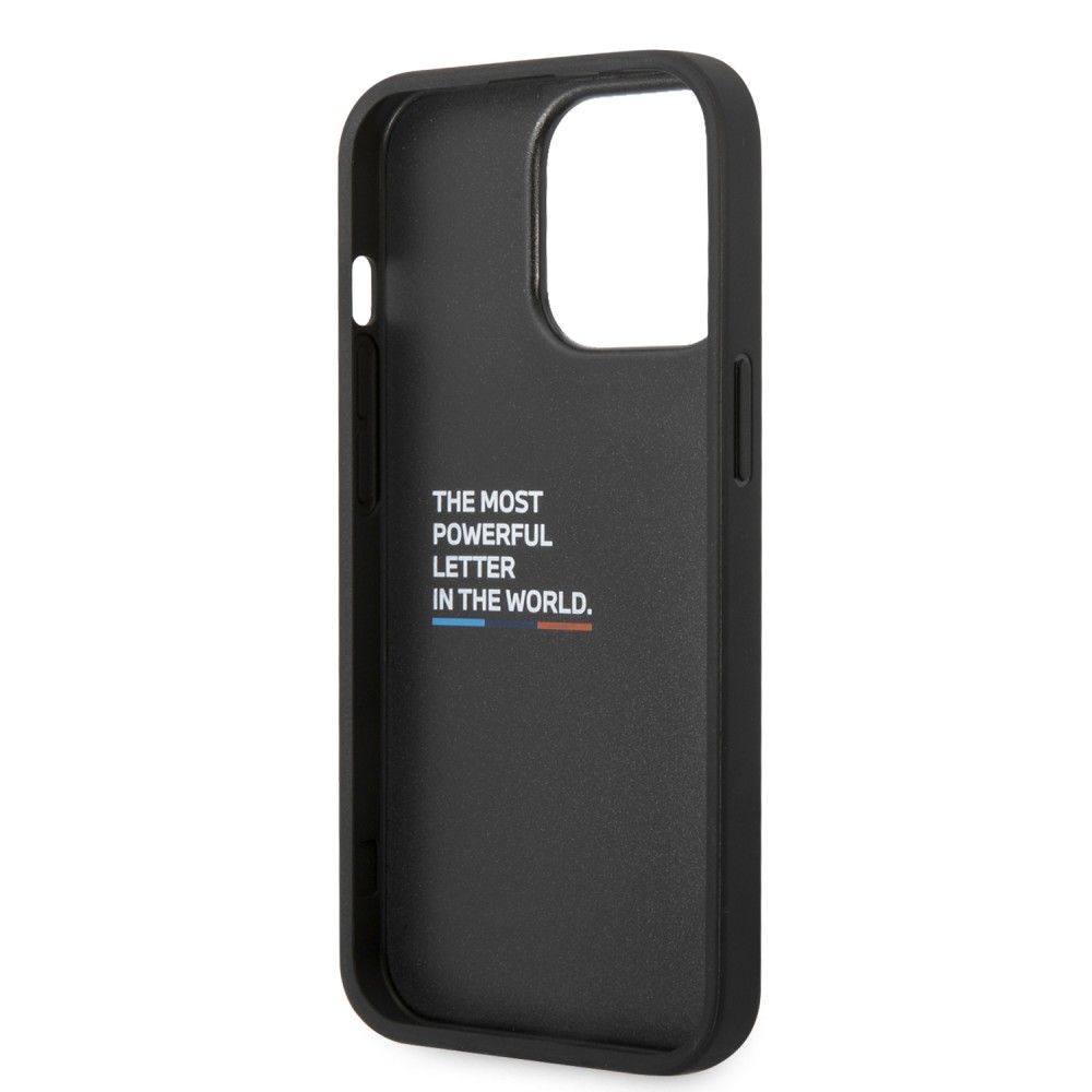 Coque iPhone 14 Pro - BMW M effet carbone et cuir avec logo métallique en relief - Noir