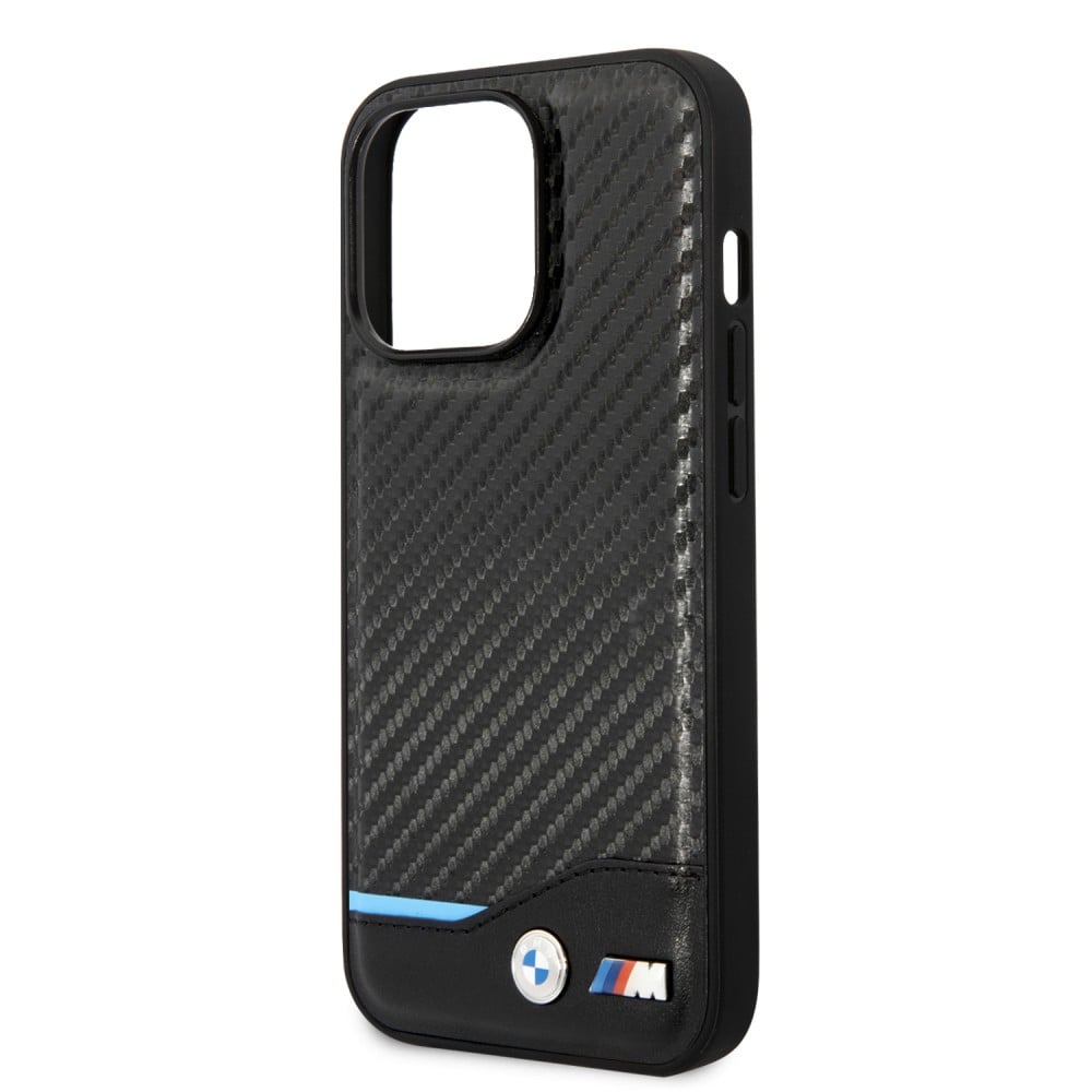 Coque iPhone 14 Pro - BMW M effet carbone et cuir avec logo métallique en relief - Noir