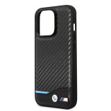 Coque iPhone 14 Pro Max - BMW M effet carbone et cuir avec logo métallique en relief - Noir