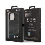 Coque iPhone 14 Pro - BMW M effet carbone et cuir avec logo métallique en relief - Noir