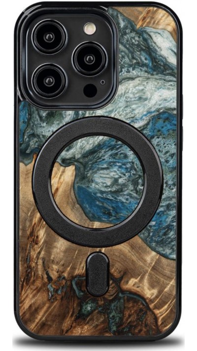 Coque iPhone 14 Pro - Bewood Unique Bois et résine Case MagSafe Planet Earth - Bleu-vert
