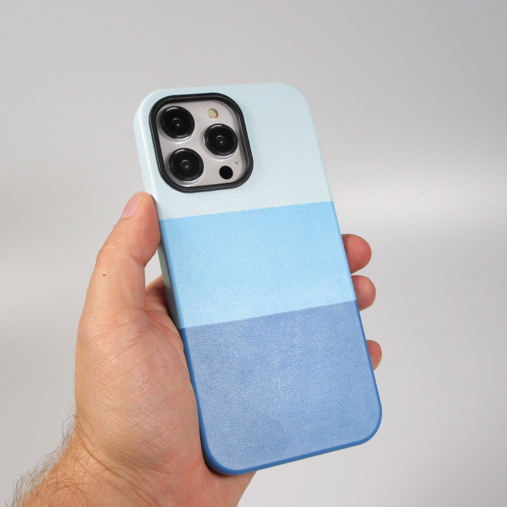 iPhone 13 Pro Max Case Hülle - Stylisches tricolor Cover mit Leder-Look - Blau