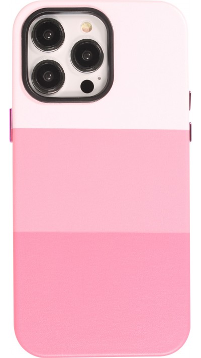 Coque iPhone 14 Pro - Cover tricolore stylée avec look cuir - Rose