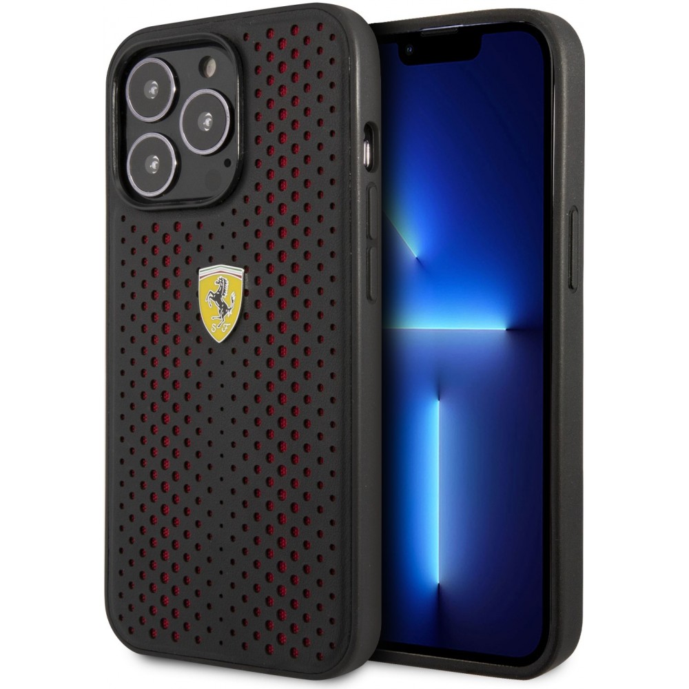 Coque iPhone 14 Pro - Ferrari cuir véritable perforé avec tissu rouge et logo métallique - Noir / rouge