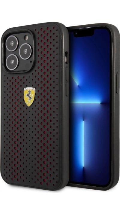 Coque iPhone 14 Pro - Ferrari cuir véritable perforé avec tissu rouge et logo métallique - Noir / rouge