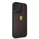 Coque iPhone 14 Pro - Ferrari cuir véritable perforé avec tissu rouge et logo métallique - Noir / rouge