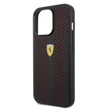 Coque iPhone 14 Pro - Ferrari cuir véritable perforé avec tissu rouge et logo métallique - Noir / rouge