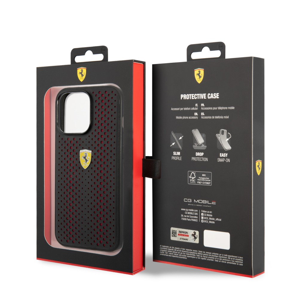 Coque iPhone 14 Pro - Ferrari cuir véritable perforé avec tissu rouge et logo métallique - Noir / rouge