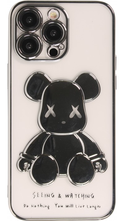 Coque iPhone 14 Pro Max - Gel Dead bear paillettes 3D avec bords argent - Transparent