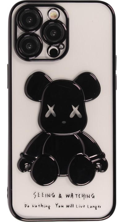 iPhone 14 Pro Max Case Hülle - Gummi Dead bear 3D mit Glitzerhintergrund und schwarzen Rand - Transparent