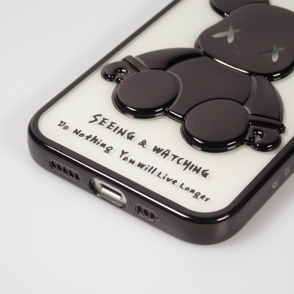 iPhone 14 Pro Max Case Hülle - Gummi Dead bear 3D mit Glitzerhintergrund und schwarzen Rand - Transparent
