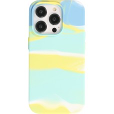 Coque iPhone 13 Pro - Gel Soft touch lisse Stripes bleu/jaune