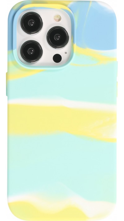 Coque iPhone 14 Pro - Gel Soft touch lisse Stripes bleu/jaune