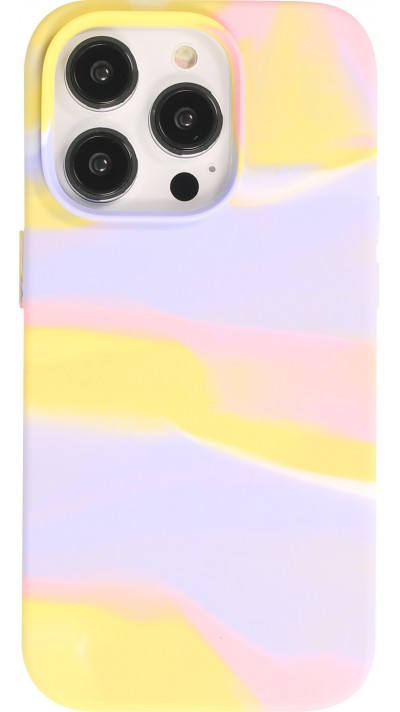 Coque iPhone 14 Pro - Gel Soft touch lisse Stripes jaune/violet