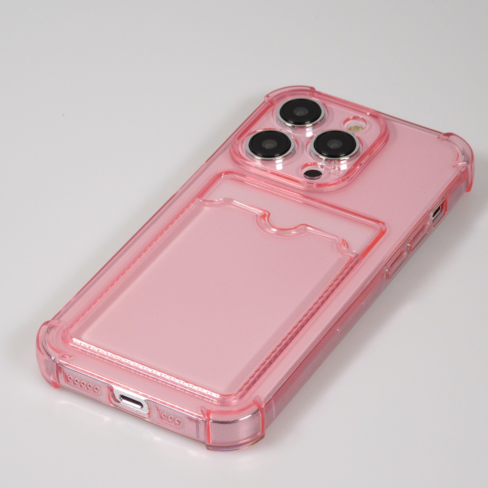 Coque iPhone 14 Pro Max - Gel silicone bumper super flexible avec porte-carte transparent - Rose