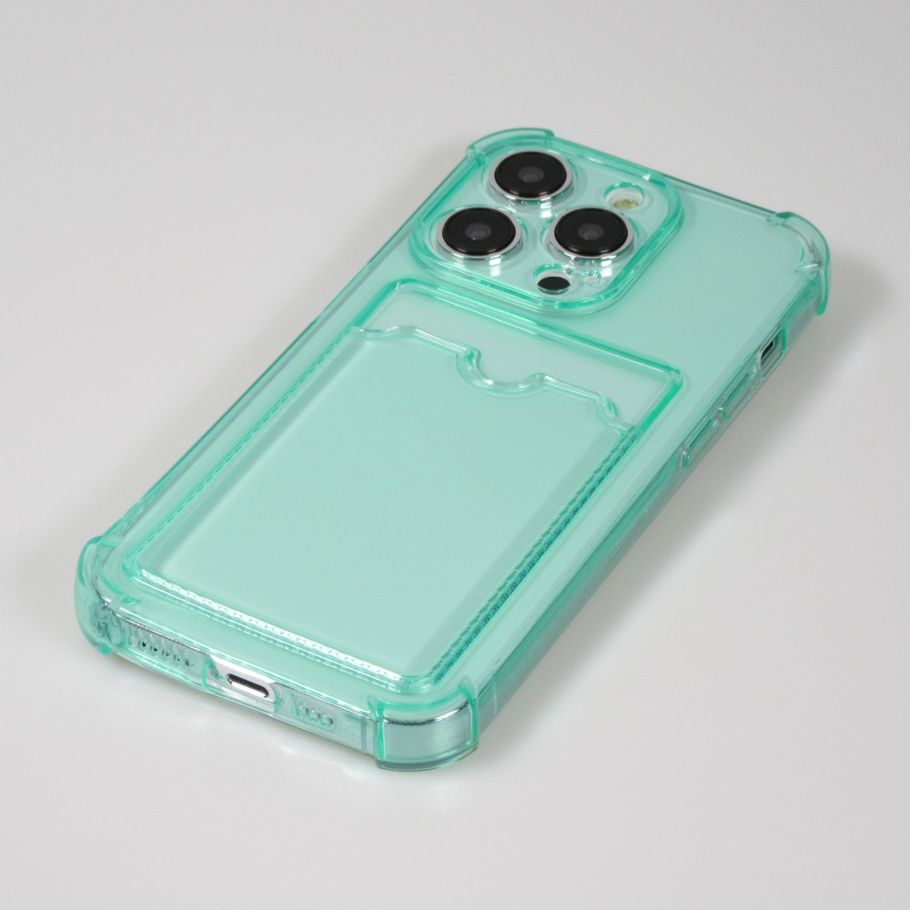 Coque iPhone 14 Pro Max - Gel silicone bumper super flexible avec porte-carte transparent - Vert