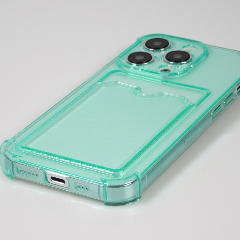 Coque iPhone 14 Pro Max - Gel silicone bumper super flexible avec porte-carte transparent - Vert
