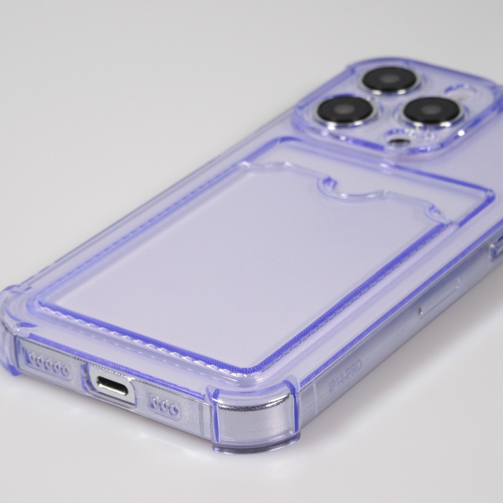 Coque iPhone 14 Pro Max - Gel silicone bumper super flexible avec porte-carte transparent - Violet