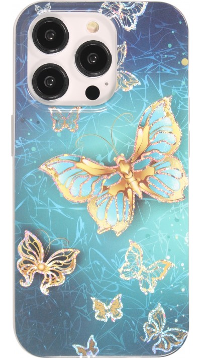 iPhone 14 Pro Max Case Hülle - Silikon Gel glitzernder Schmetterling - Blau