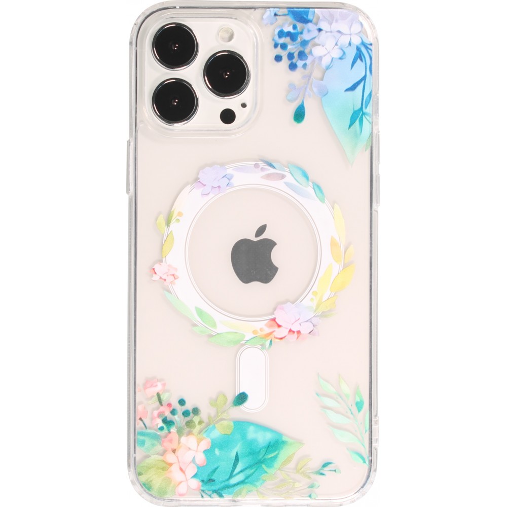 Coque iPhone 16 Pro - Gel silicone rigide avec MagSafe fleurs de printemps - Transparent