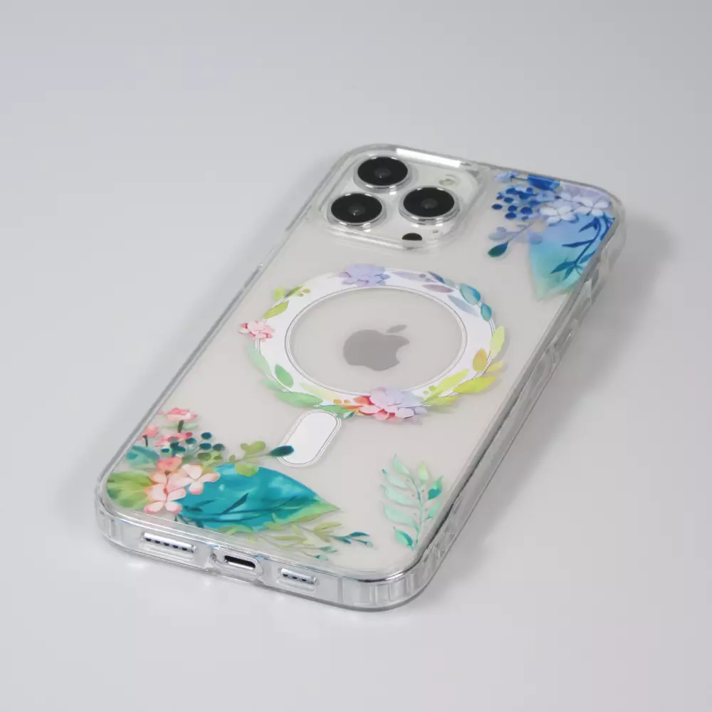 Coque iPhone 13 Pro Max - Gel silicone rigide avec MagSafe fleurs de printemps - Transparent