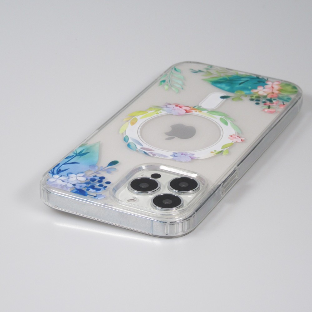 Coque iPhone 13 Pro Max - Gel silicone rigide avec MagSafe fleurs de printemps - Transparent