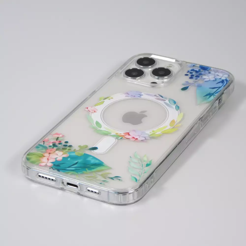 Coque iPhone 13 Pro Max - Gel silicone rigide avec MagSafe fleurs de printemps - Transparent