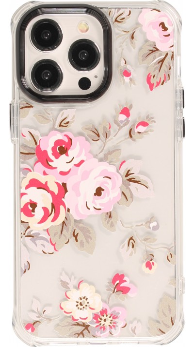 Coque iPhone 14 Pro - Gel silicone rigide avec coins renforcés rose florissante - Transparent