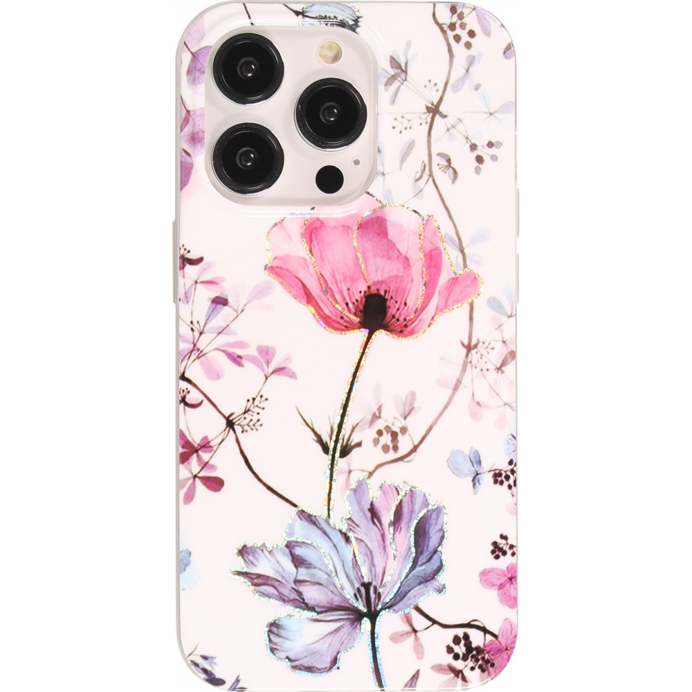 Coque iPhone 14 Pro Max - Gel silicone rose florissante - Blanc