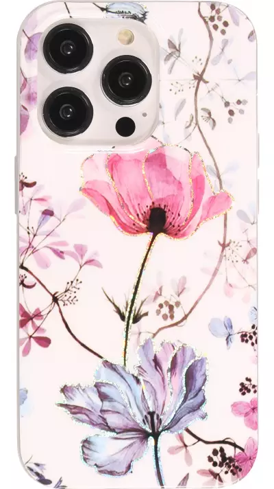 Coque iPhone 15 Pro Max - Gel silicone rose florissante - Blanc