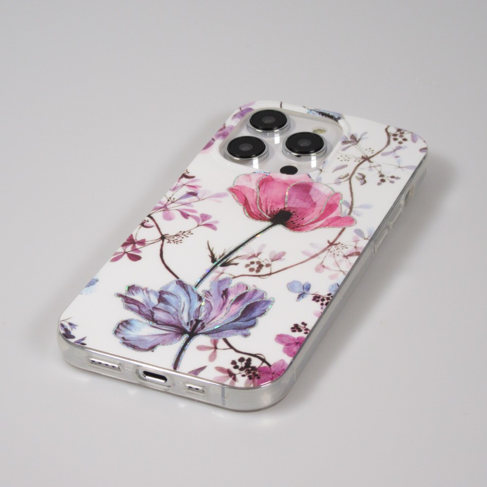 Coque iPhone 14 Pro Max - Gel silicone rose florissante - Blanc