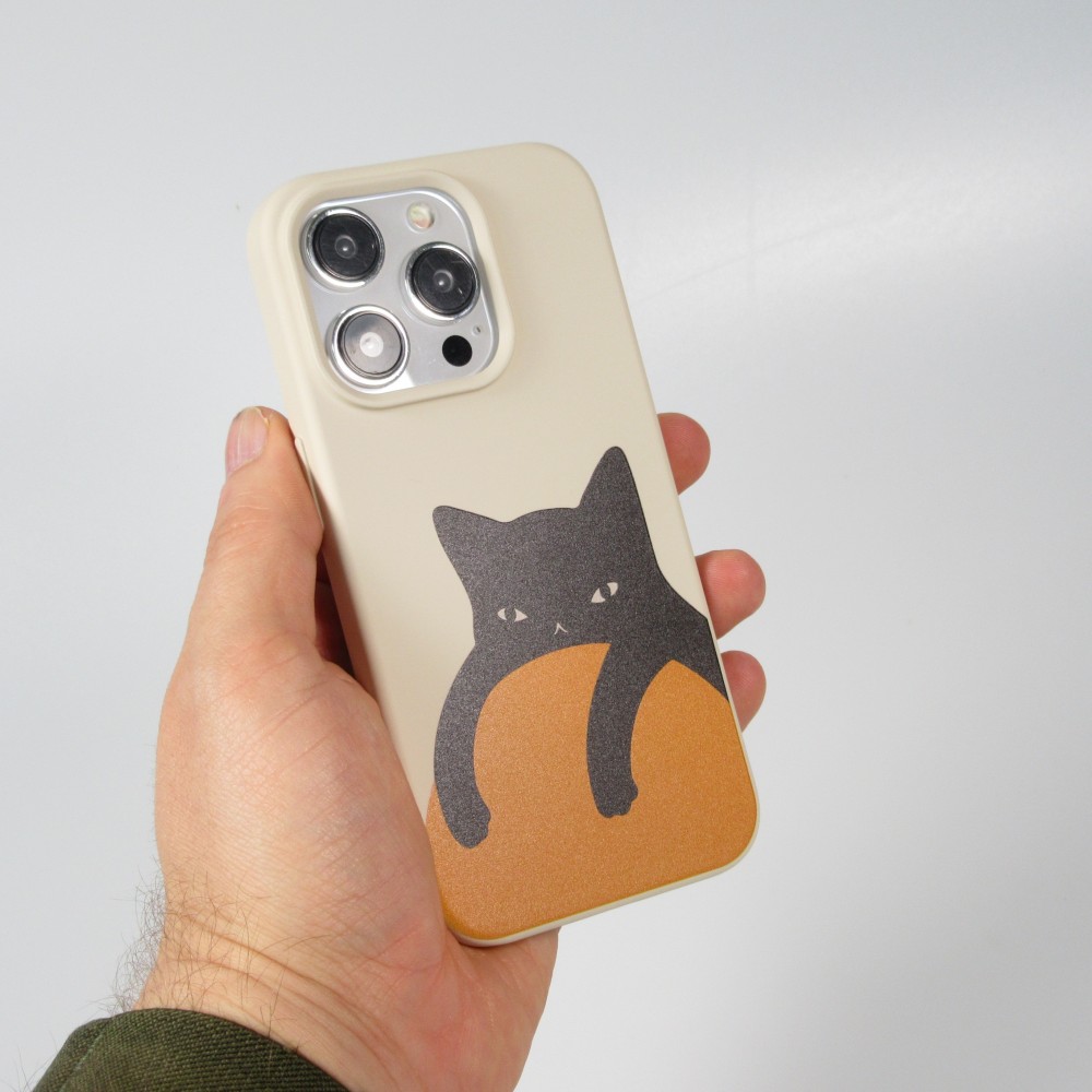 iPhone 15 Pro Case Hülle - Gel Silikon weich - Relaxed Cat - Beige