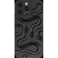iPhone 14 Pro Case Hülle - Weiches Silikongel mit Kameraschutz - Zwei Schlangen - Schwarz