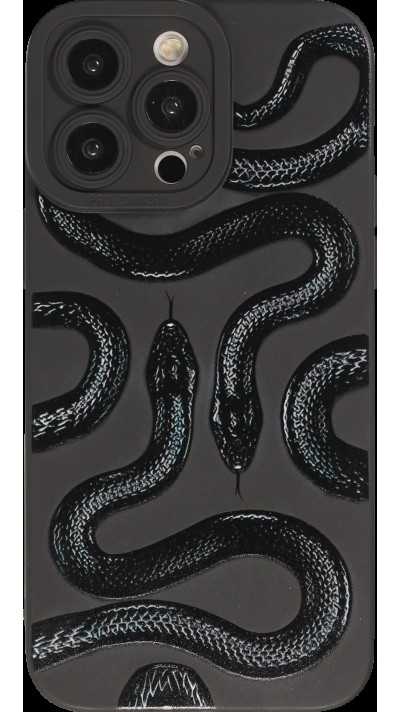 Coque iPhone 14 Pro - Gel silicone souple avec protection caméra - Deux serpents - Noir