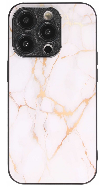 Coque iPhone 13 Pro Max - Glass marbre avec bord en silicone - Blanc