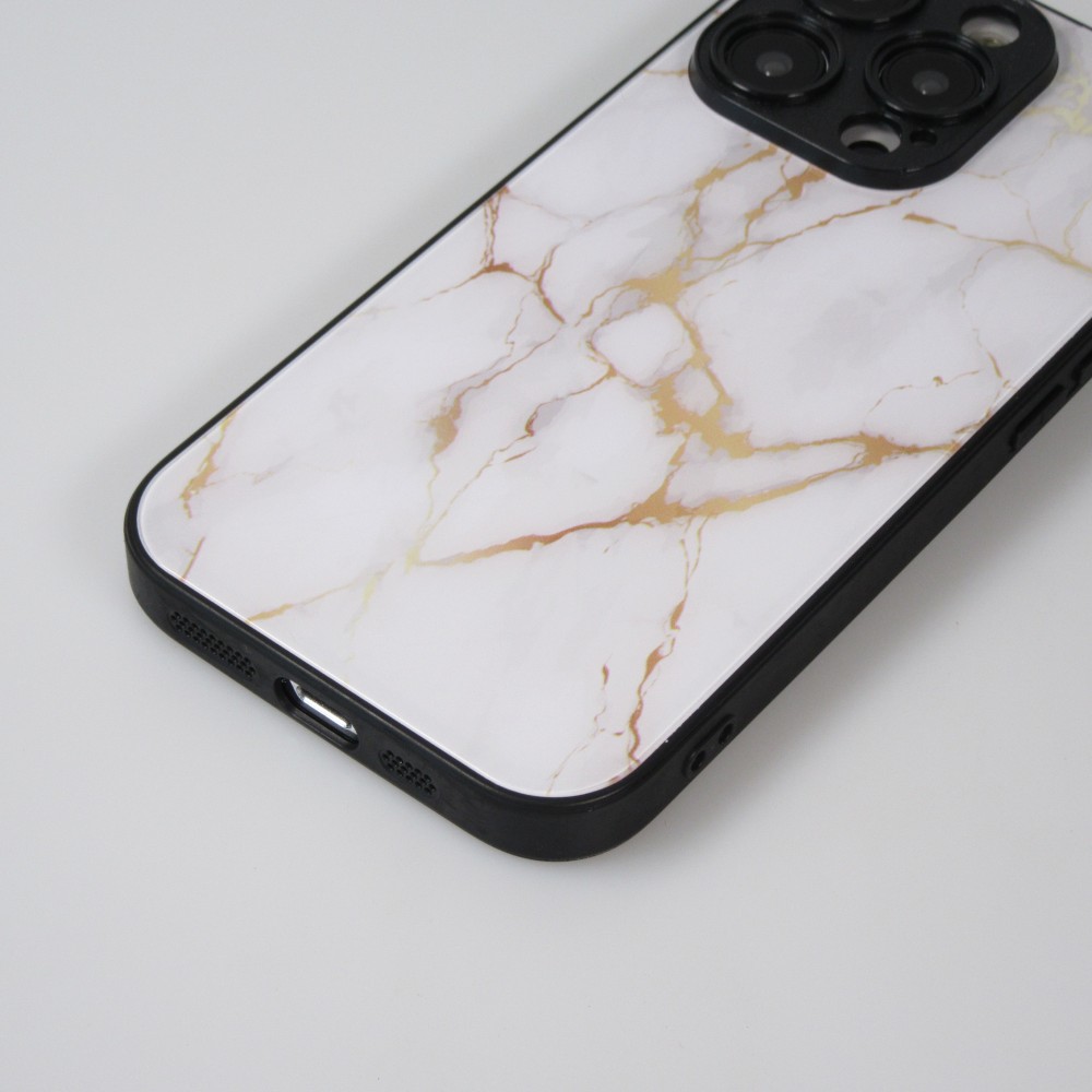 Coque iPhone 13 Pro Max - Glass marbre avec bord en silicone - Blanc