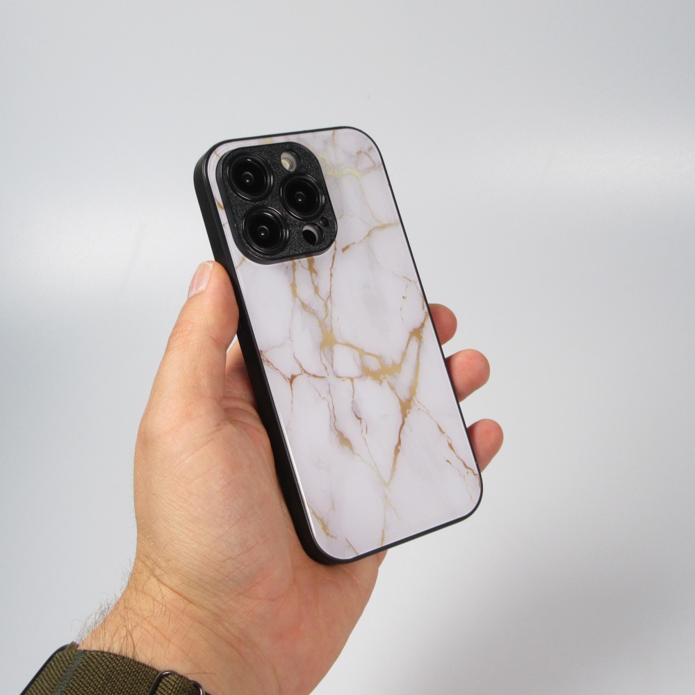 Coque iPhone 13 Pro Max - Glass marbre avec bord en silicone - Blanc