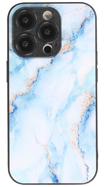 iPhone 14 Pro Case Hülle - Glass Marmor mit Silikonrand - Hellblau