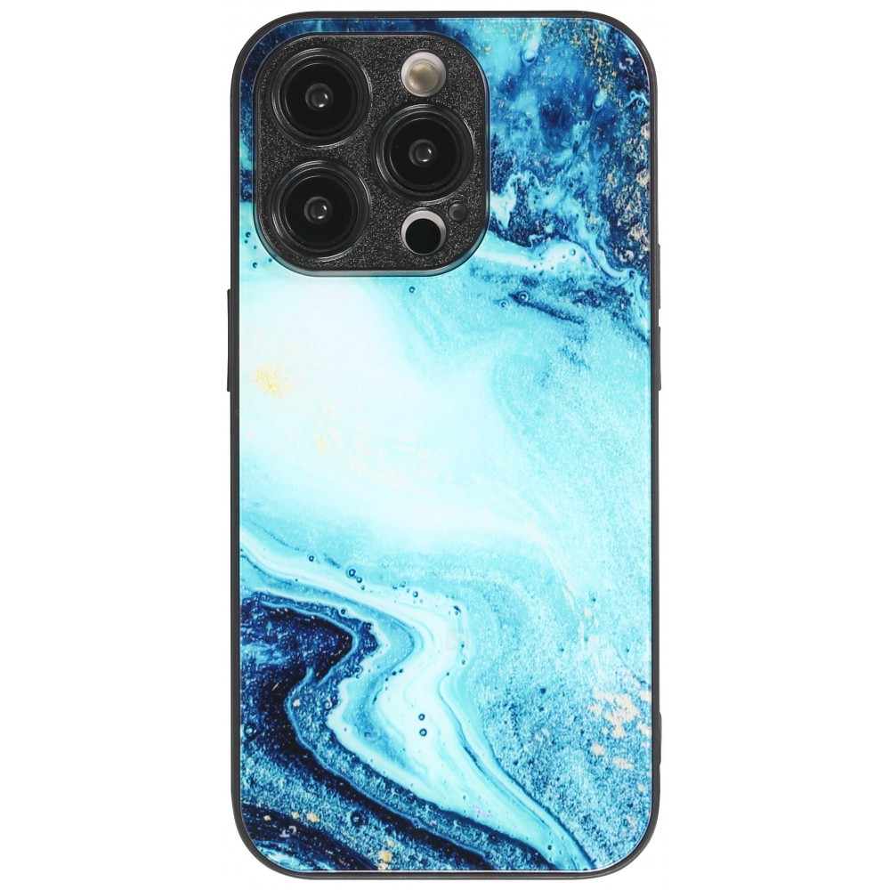 iPhone 13 Pro Max Case Hülle - Glass Marmor mit Silikonrand - Dunkelblau