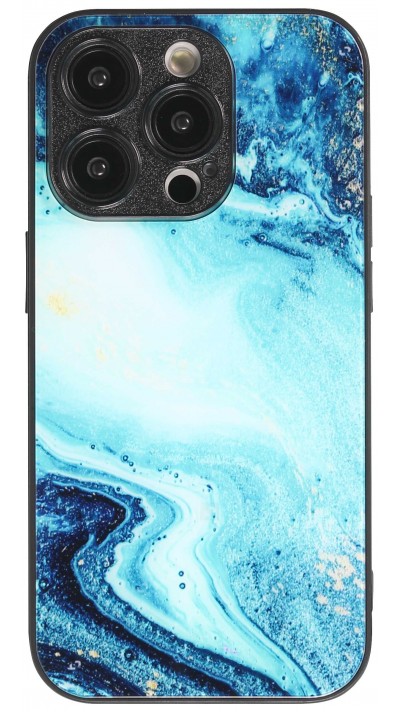 iPhone 14 Pro Case Hülle - Glass Marmor mit Silikonrand - Dunkelblau